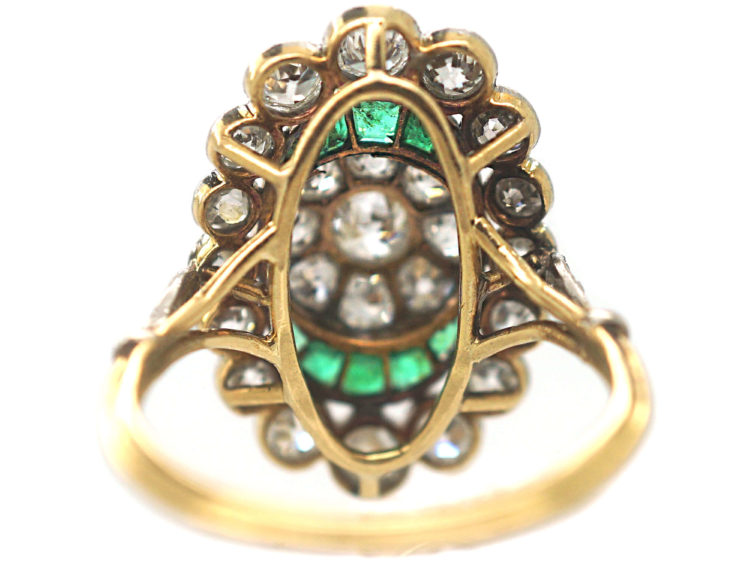 French Art Deco 18ct Gold & Platinum, Emerald & Diamond Ring with Central Diamond Cluster