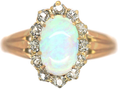 Edwardian 15ct Gold, Opal & Diamond Oval Cluster Ring