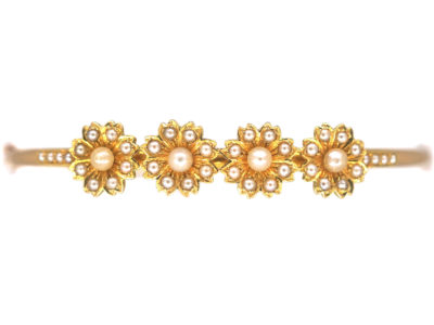 Edwardian 15ct Gold Daisy Design Bangle set with Natural Split Pearls