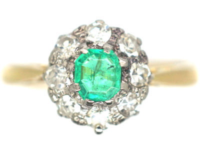 Edwardian 18ct Gold, Emerald & Diamond Cluster Ring