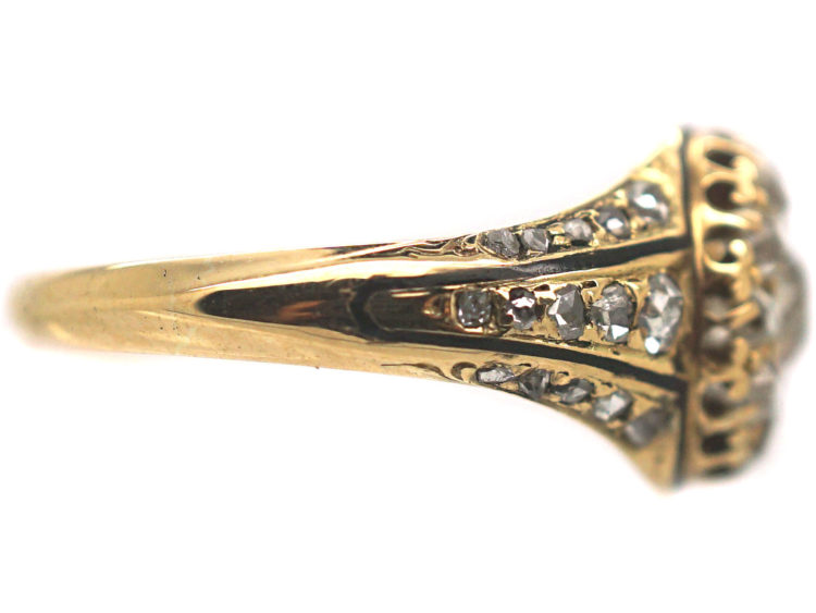 Victorian 18ct Gold & Diamond Cluster Ring with Black Enamel
