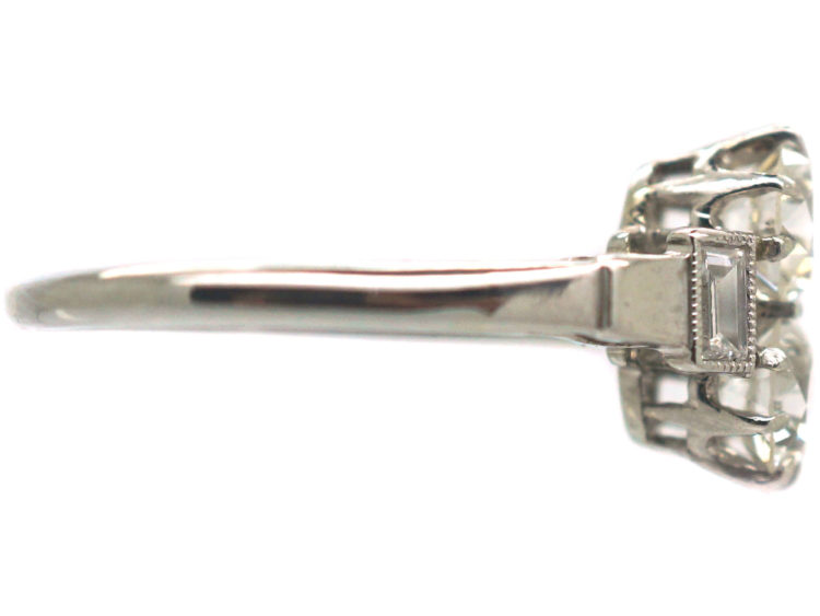 Art Deco Two Stone Diamond Ring with Baguette Diamond Shoulders