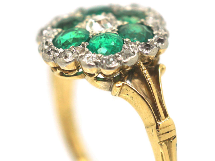 Edwardian 18ct Gold, Emerald & Diamond Flower Cluster Ring