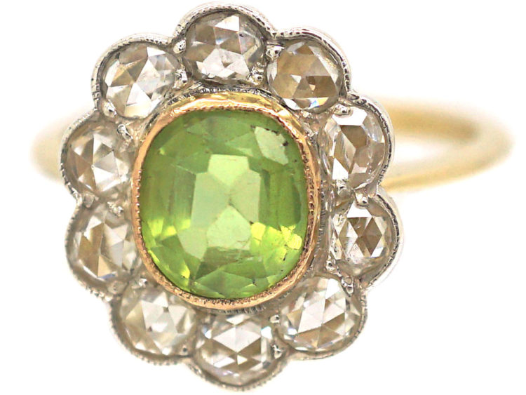 Edwardian 18ct Gold & Platinum, Peridot & Rose Diamond Cluster Ring