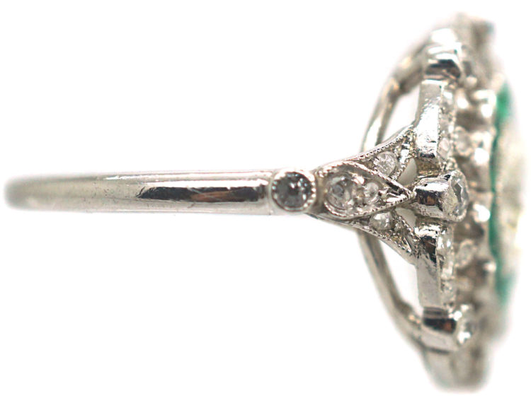 Art Deco Platinum, Emerald & Diamond Target Ring with Diamond Set Shoulders