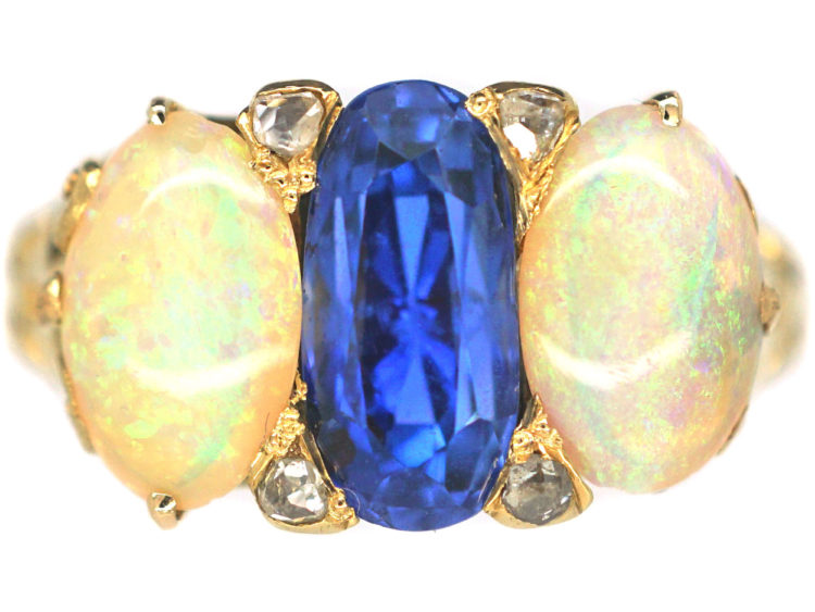 Victorian 18ct Gold Sapphire & Opal Three Stone Carved Half Hoop Ring with Rose Diamond Points