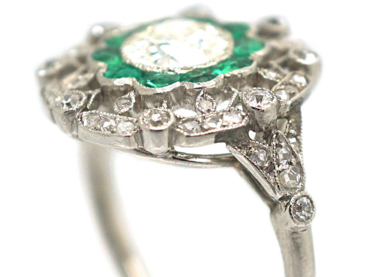 Art Deco Platinum, Emerald & Diamond Target Ring with Diamond Set Shoulders