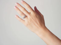 Art Deco Platinum, Three Stone Diamond Ring with Engraved Floral Shank