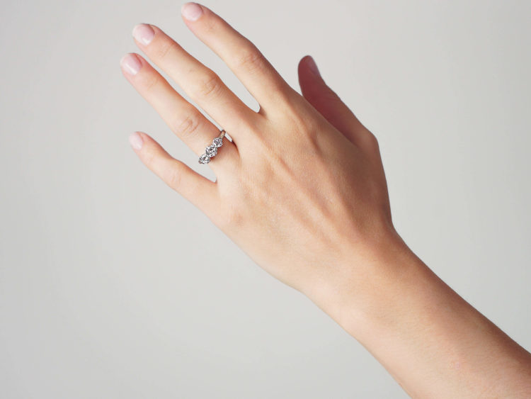 Art Deco Platinum, Three Stone Diamond Ring with Engraved Floral Shank