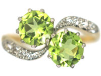 Edwardian 18ct Gold & Platinum Two Stone Peridot & Diamond Crossover Ring