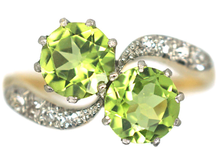 Edwardian 18ct Gold & Platinum Two Stone Peridot & Diamond Crossover Ring