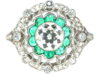 Art Deco Platinum, Emerald & Diamond Target Ring with Diamond Set Shoulders