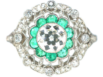Art Deco Platinum, Emerald & Diamond Target Ring with Diamond Set Shoulders