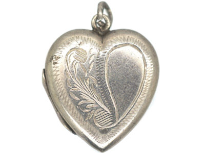 Silver Heart Shaped Locket with Engraved Leaf Motif