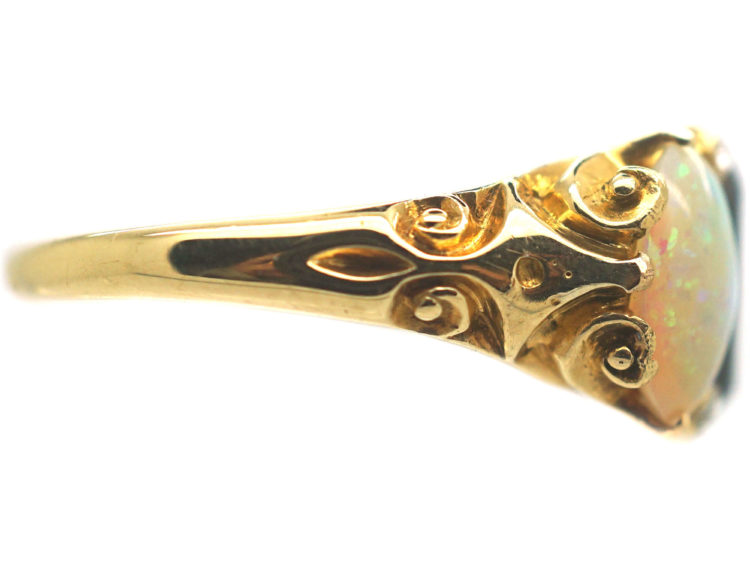 Victorian 18ct Gold Sapphire & Opal Three Stone Carved Half Hoop Ring with Rose Diamond Points