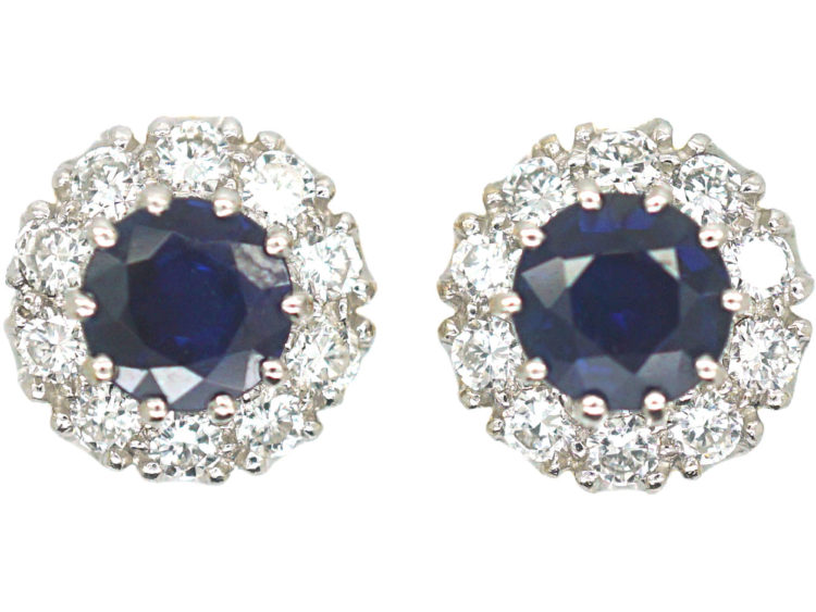 French 18ct Gold, Sapphire & Diamond Cluster Earrings
