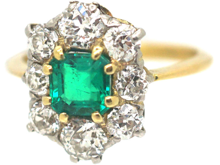 Art Deco 18ct Gold Emerald & Diamond Rectangular Cluster Ring