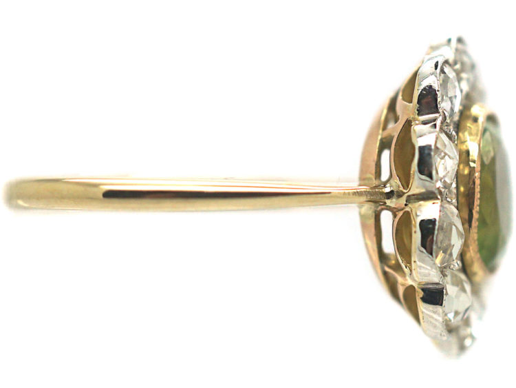 Edwardian 18ct Gold & Platinum, Peridot & Rose Diamond Cluster Ring