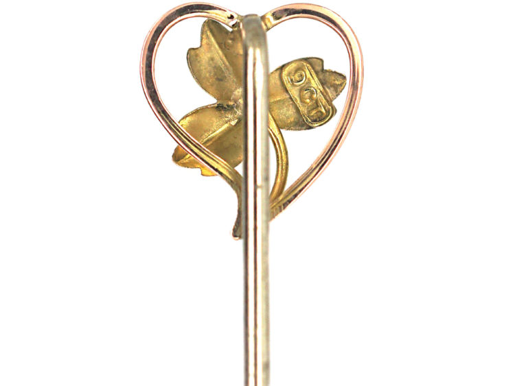 Edwardian 9ct Gold Three Leaf Clover within a Heart Tie Pin
