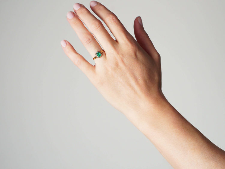 French 18ct Gold, Emerald & Rose Diamond Ring