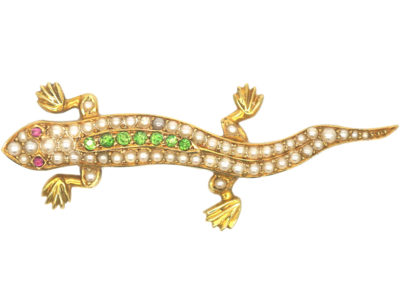 Edwardian 15ct Gold Salamander Brooch set with Natural Split Pearls, Green Garnets & Cabochon Rubies in Original Case