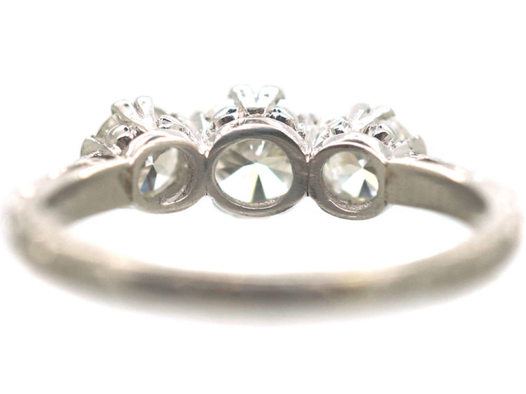 Art Deco Platinum, Three Stone Diamond Ring with Engraved Floral Shank