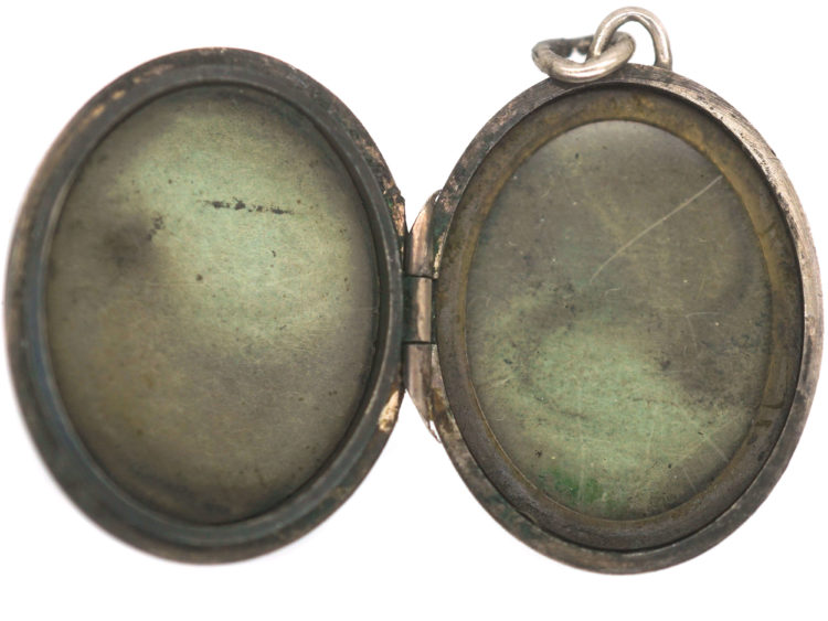 Oval Silver Locket with Incised Leaf Design