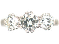Art Deco Platinum, Three Stone Diamond Ring with Engraved Floral Shank