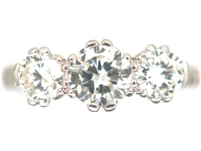 Art Deco Platinum, Three Stone Diamond Ring with Engraved Floral Shank