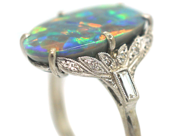 Art Deco 18ct White Gold, Black Opal & Diamond Ring