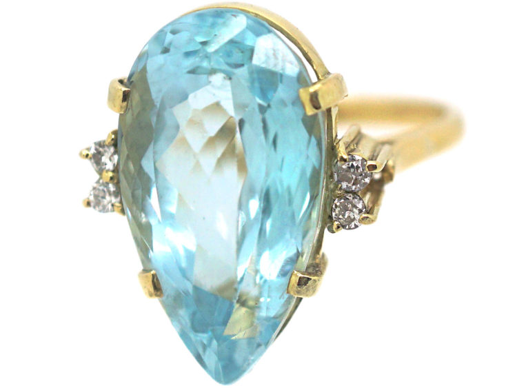 1950s 18ct Gold Large Pear Shaped Blue Topaz Ring with Diamond Set Shoulders
