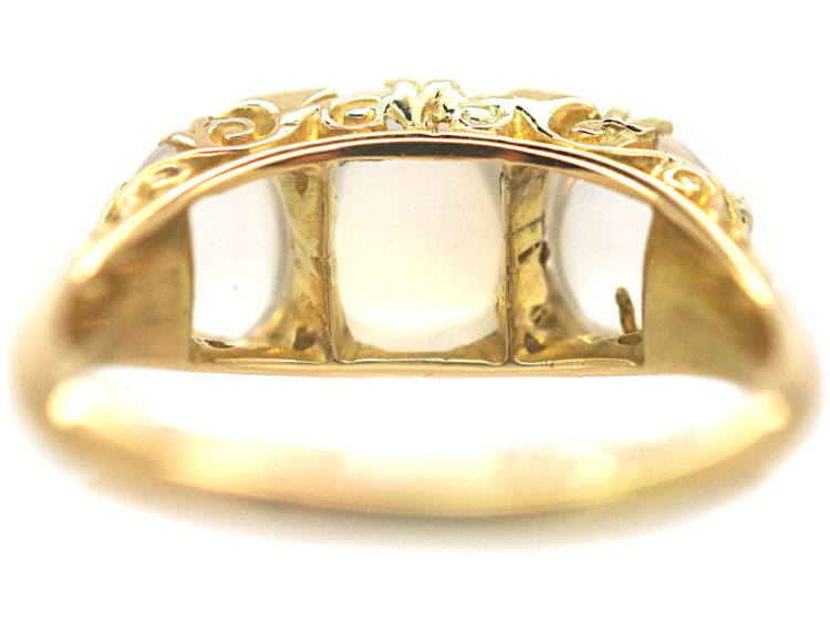 Victorian 18ct Gold Three Stone Moonstone & Diamond Carved Half Hoop Ring