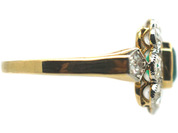 Edwardian 18ct Gold, Emerald & Diamond Cluster Ring with Diamond Set Shoulders