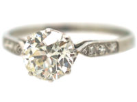 Art Deco Platinum, Diamond Solitaire Ring with Diamond Set Shoulders