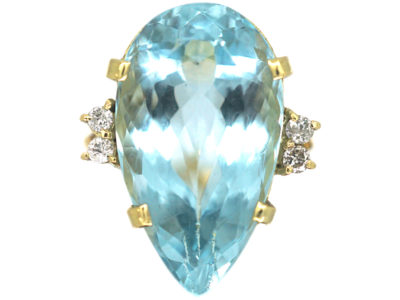 1950s 18ct Gold Large Pear Shaped Blue Topaz Ring with Diamond Set Shoulders