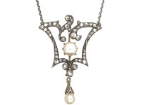 Edwardian Gold & Silver, Diamond & Natural Pearl Pendant on Silver Chain