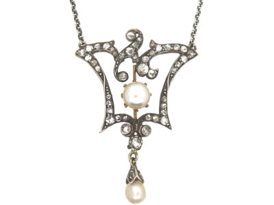Edwardian Gold & Silver, Diamond & Natural Pearl Pendant on Silver Chain