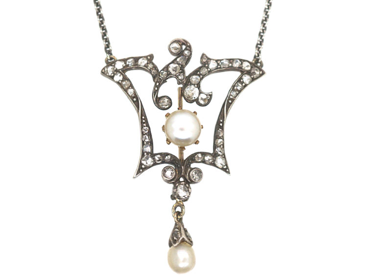 Edwardian Gold & Silver, Diamond & Natural Pearl Pendant on Silver Chain