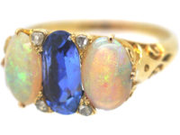 Victorian 18ct Gold Sapphire & Opal Three Stone Carved Half Hoop Ring with Rose Diamond Points