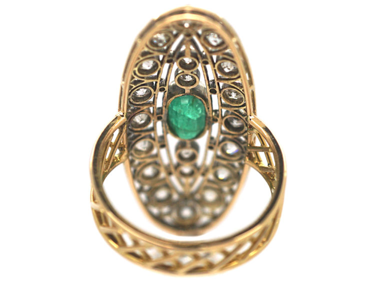 Art Deco Large 18ct Gold & Platinum, Emerald & Diamond Oval Shaped Ring