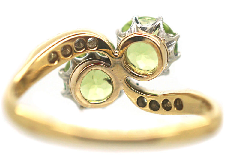 Edwardian 18ct Gold & Platinum Two Stone Peridot & Diamond Crossover Ring