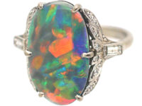 Art Deco 18ct White Gold, Black Opal & Diamond Ring