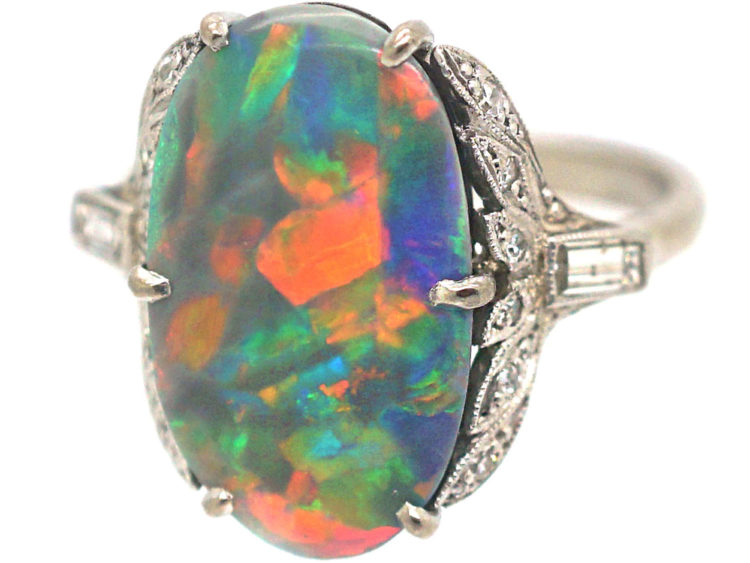 Art Deco 18ct White Gold, Black Opal & Diamond Ring