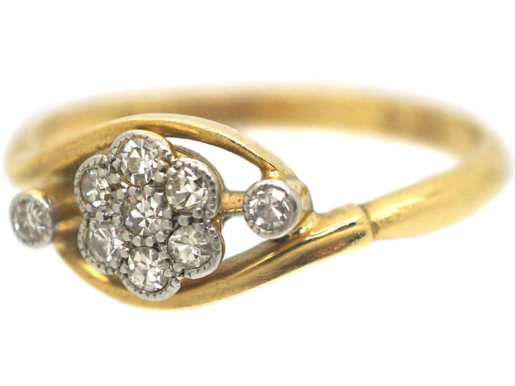 Edwardian 18ct Gold & Platinum Diamond Cluster Ring with Diamond Set Shoulders
