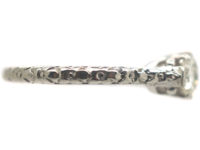 Art Deco Platinum, Three Stone Diamond Ring with Engraved Floral Shank