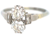 Art Deco Two Stone Diamond Ring with Baguette Diamond Shoulders