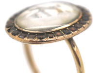 Georgian 9ct Gold Miniature Ring with Two Love Birds Surrounded by Flat Cut Garnets