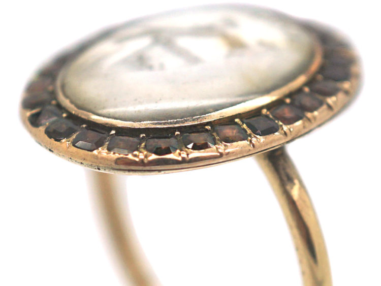 Georgian 9ct Gold Miniature Ring with Two Love Birds Surrounded by Flat Cut Garnets