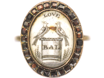 Georgian 9ct Gold Miniature Ring with Two Love Birds Surrounded by Flat Cut Garnets