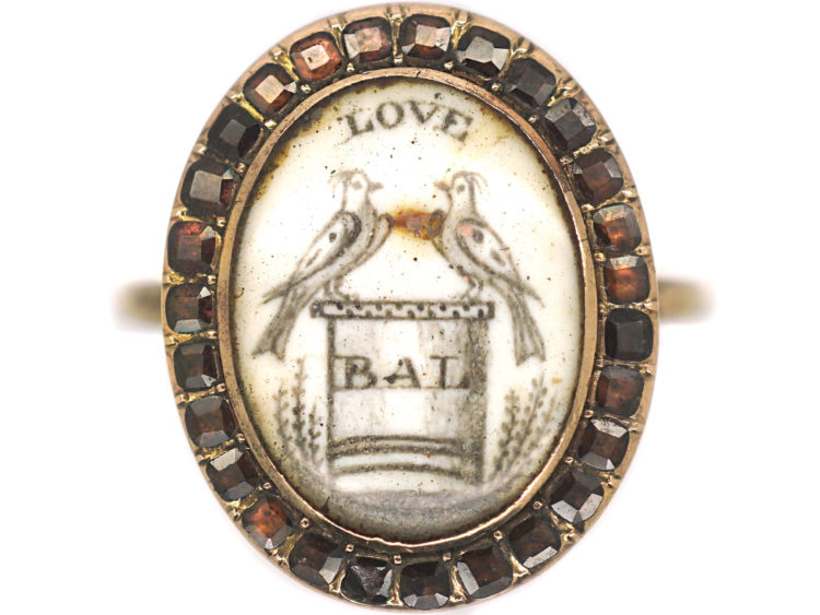 Georgian 9ct Gold Miniature Ring with Two Love Birds Surrounded by Flat Cut Garnets